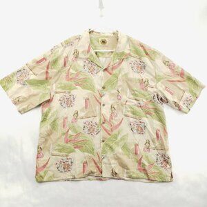 Pussers West Indies Silk Shirt Mens XL Green Beige Cotton Hawaiian Cigar Poker
